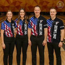 Load image into Gallery viewer, Bowling team wearing matching American flag bowling jerseys during league matches front view.
