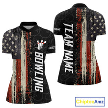 Load image into Gallery viewer, Vintage American flag bowling quarter zip shirt for women designed for league tournaments and team events.