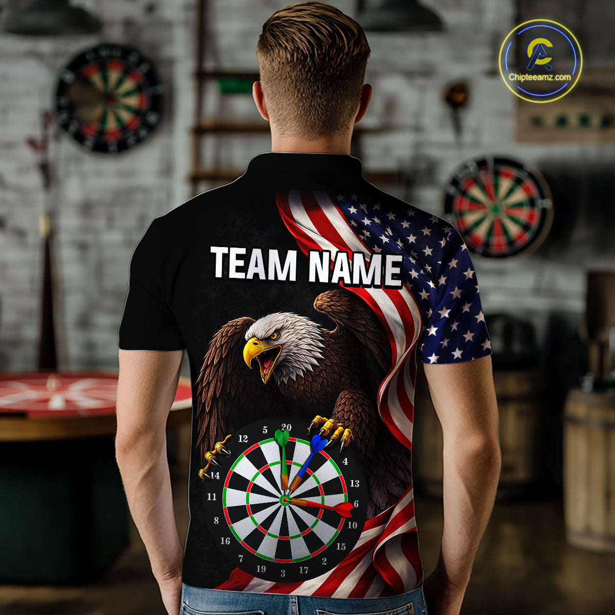Personalized Eagle American Flag Darts Shirt For Men, Patriotic Darts Team Jersey Polo & 1/4 Zip TDM6114