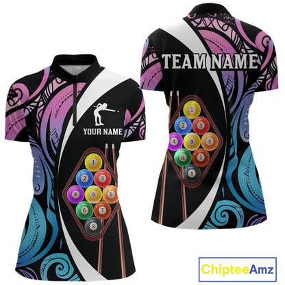 Personalized Tribal 9 Ball Billiard Shirt For Women Custom 9 Ball Pool Team Jersey Polo & 1/4 Zip TDM6128