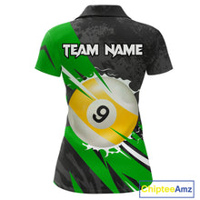 Load image into Gallery viewer, Black And Green 8 Ball &amp; 9 Ball Billiard Shirt For Women Custom Pool Team Jersey Polo &amp; 1/4 Zip TDM6363