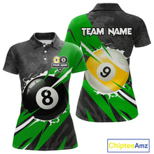 Load image into Gallery viewer, Black And Green 8 Ball &amp; 9 Ball Billiard Shirt For Women Custom Pool Team Jersey Polo &amp; 1/4 Zip TDM6363