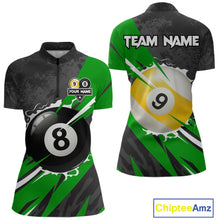 Load image into Gallery viewer, Black And Green 8 Ball &amp; 9 Ball Billiard Shirt For Women Custom Pool Team Jersey Polo &amp; 1/4 Zip TDM6363