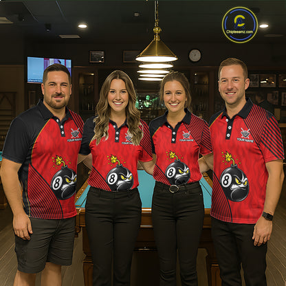 Pool Team Wearing Personalized Red Funny 8 Ball Bomb Billiard Jerseys During League Competition and Team Tournament Events, Front View