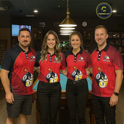 Pool Team Wearing Personalized Red Funny 8 Ball 9 Ball Pool Bomb Billiard Jerseys During League Matches and Tournament Competition, Front View