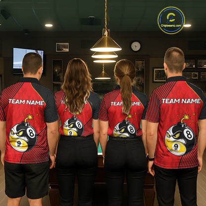 Pool Team Wearing Personalized Red Funny 8 Ball 9 Ball Pool Bomb Custom Billiard Team Jerseys Featuring the Full Back Artwork, Back View