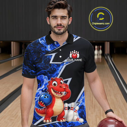 Funny Dinosaur Bowling Jersey For Men Custom Black And Blue Flame Bowling Shirt Polo & 1/4 Zip TDM6367