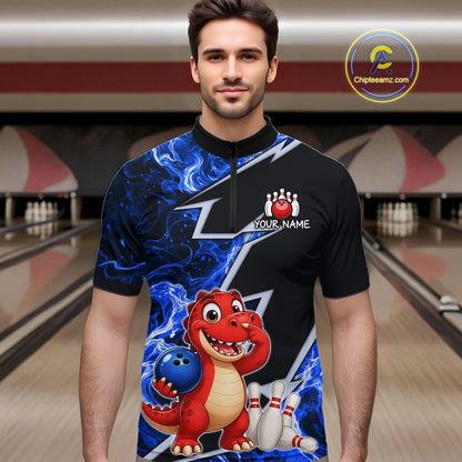 Funny Dinosaur Bowling Jersey For Men Custom Black And Blue Flame Bowling Shirt Polo & 1/4 Zip TDM6367