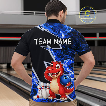 Funny Dinosaur Bowling Jersey For Men Custom Black And Blue Flame Bowling Shirt Polo & 1/4 Zip TDM6367