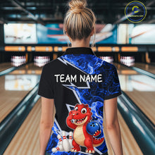 Load image into Gallery viewer, Funny Dinosaur Bowling Jersey For Women Custom Black And Blue Flame Bowling Shirt Polo &amp; 1/4 Zip TDM6367