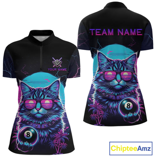 Funny Cat Neon 8 Ball Billiard Shirt For Women Custom Pool Team Shirt, Billiard Jersey Polo & 1/4 Zip TDM5512