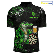 Load image into Gallery viewer, Green Grunge Funny Alligator Darts Shirt For Men Custom Darts Jersey Polo &amp; 1/4 Zip, Darts Gifts TDM6373