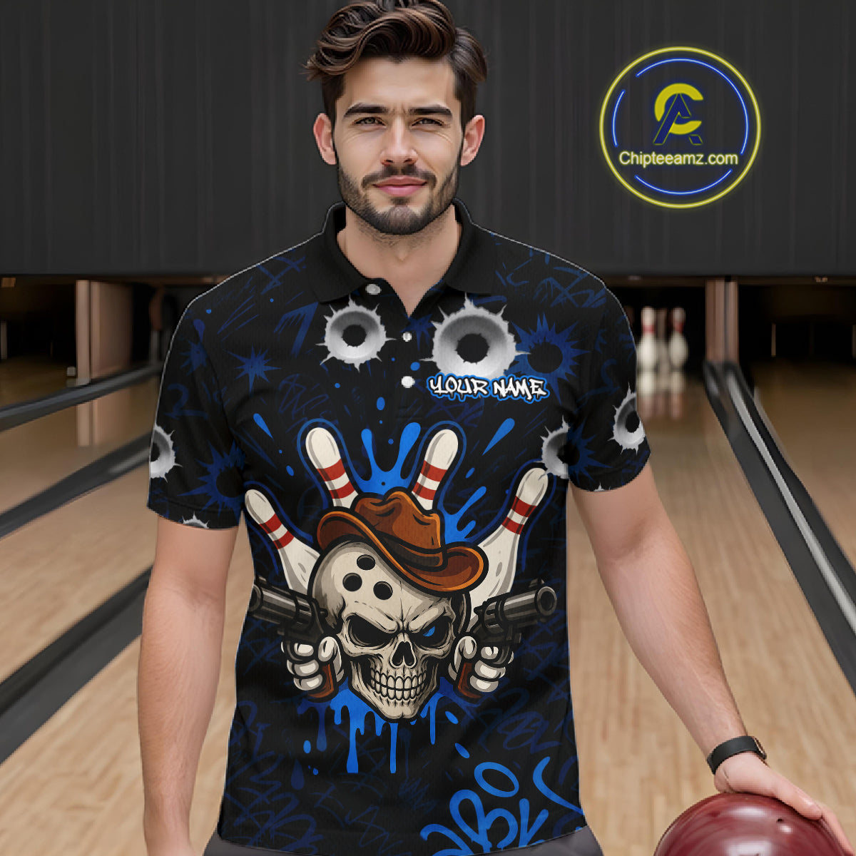 Man wearing black and blue funny cowboy skull bowling team jersey polo shirt featuring cowboy skull artwork, front view.