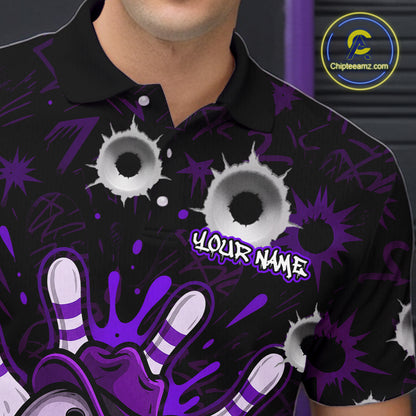 Close-up of black and purple funny cowboy skull bowling team jersey polo shirt featuring collar, buttons and cowboy skull artwork.