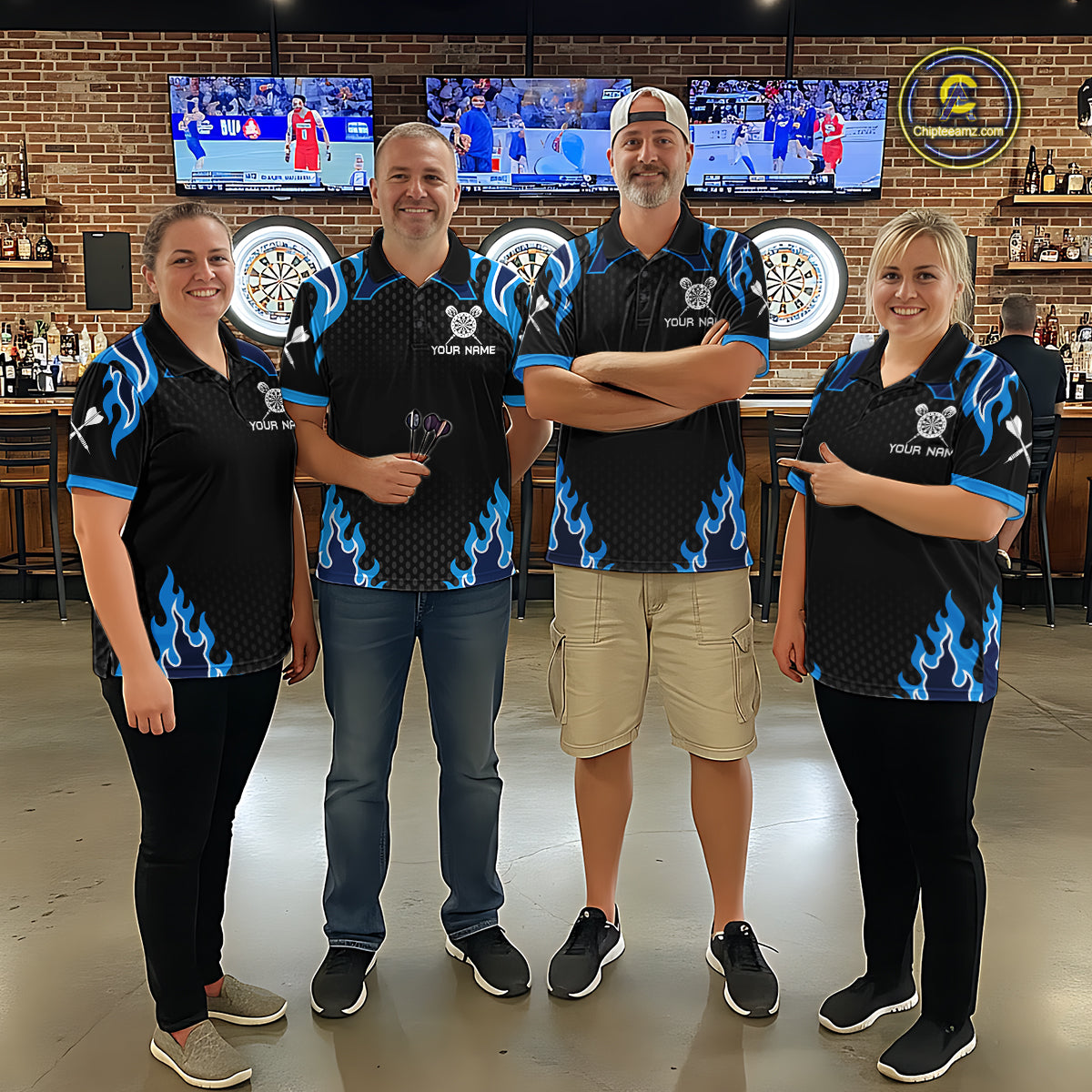 Black And Blue Flaming Darts Jersey Polo & Quarter Zip Custom Darts Team Shirt For Men TDM6146