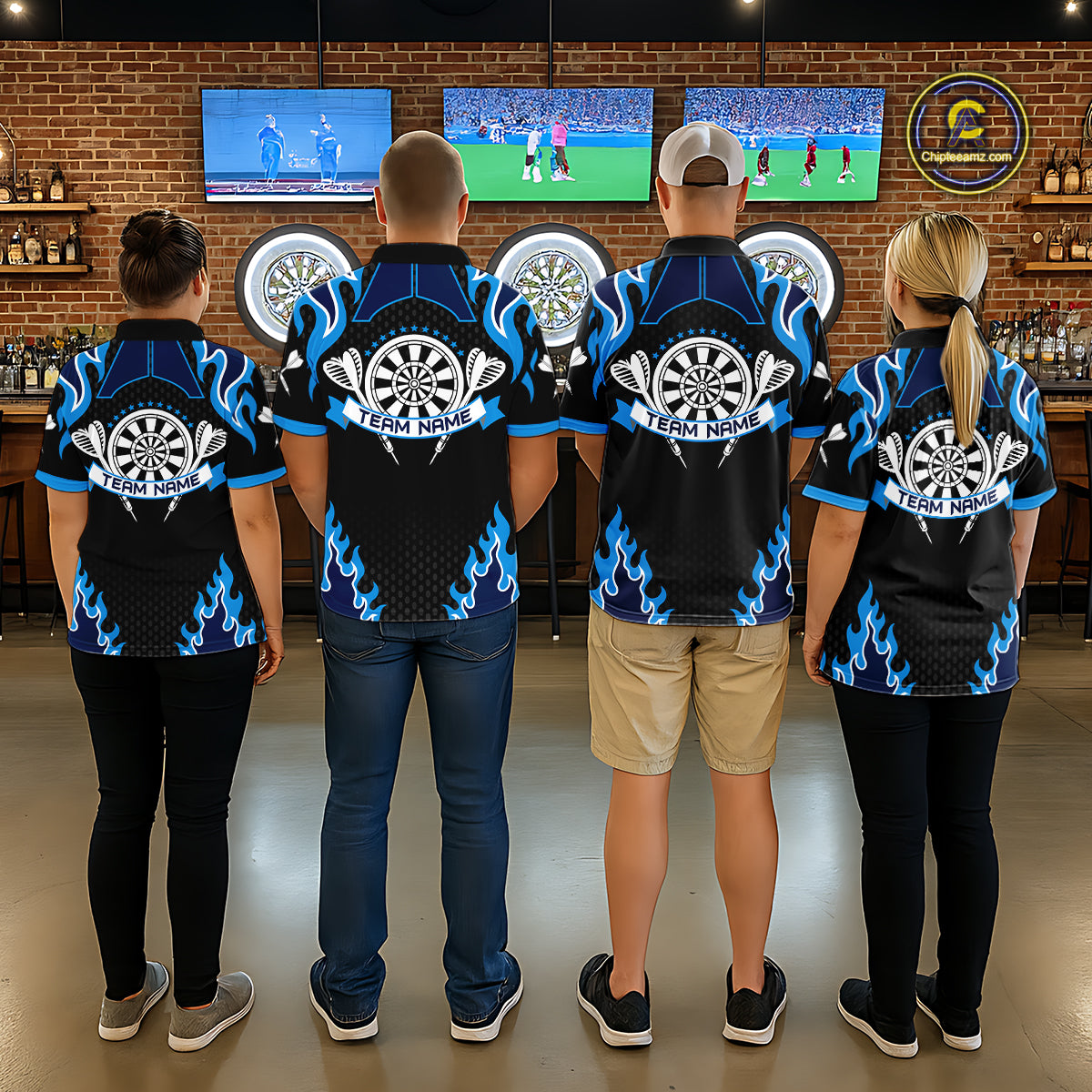Black And Blue Flaming Darts Jersey Polo & Quarter Zip Custom Darts Team Shirt For Men TDM6146
