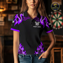 Load image into Gallery viewer, Black And Purple Flaming Darts Jersey Polo &amp; Quarter Zip Custom Darts Team Shirt For Women TDM6147