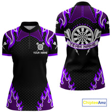 Load image into Gallery viewer, Black And Purple Flaming Darts Jersey Polo &amp; Quarter Zip Custom Darts Team Shirt For Women TDM6147