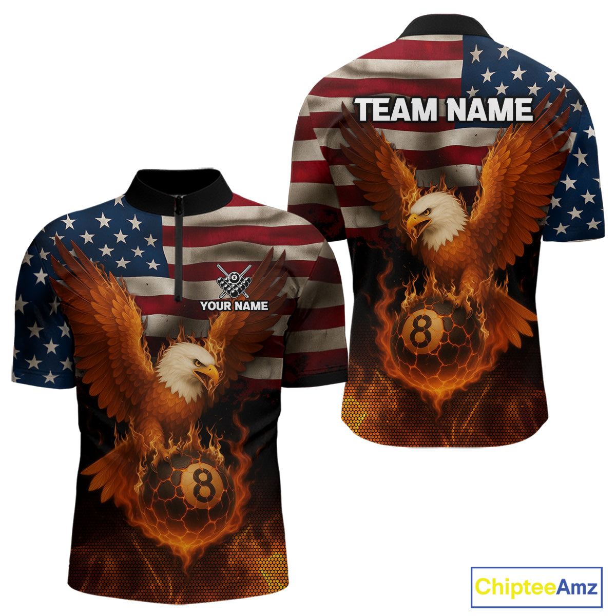 American Flag Eagle Fire 8 Ball Billiard Shirt For Men Custom Patriotic Billiard Pool Team Jersey TDM5087