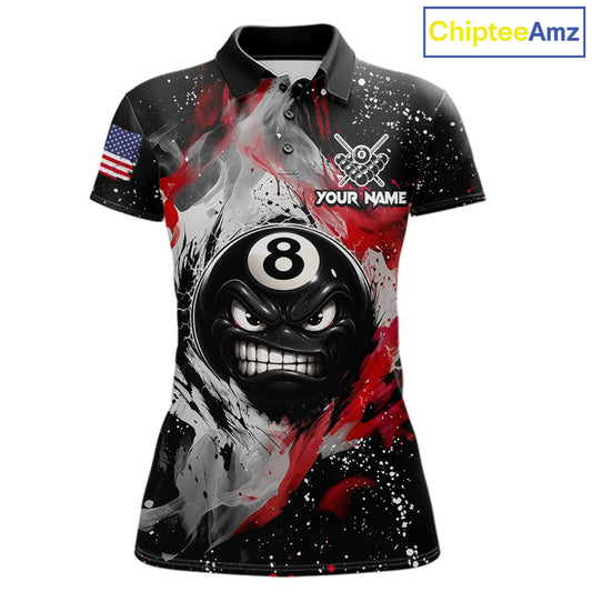 Custom name billiard Polo shirt with 8-ball design and American flag
