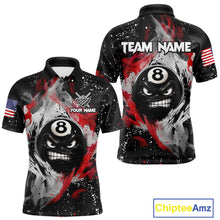 Load image into Gallery viewer, Black polo shirt with 8-ball design and custom name, featuring American