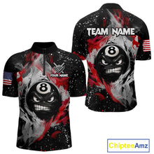 Load image into Gallery viewer, Black quarter zip shirt with 8-ball design and custom name, featuring American