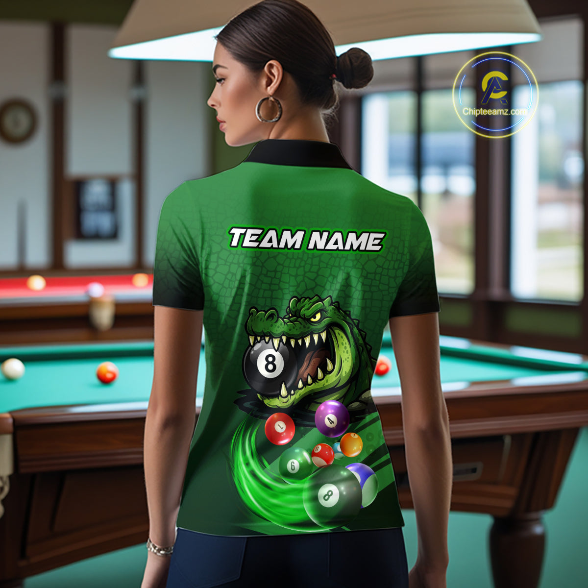 Green Funny Alligator 8 Ball Billiard Shirts For Women Custom Pool Team Jersey Polo & Quarter Zip TDM6621