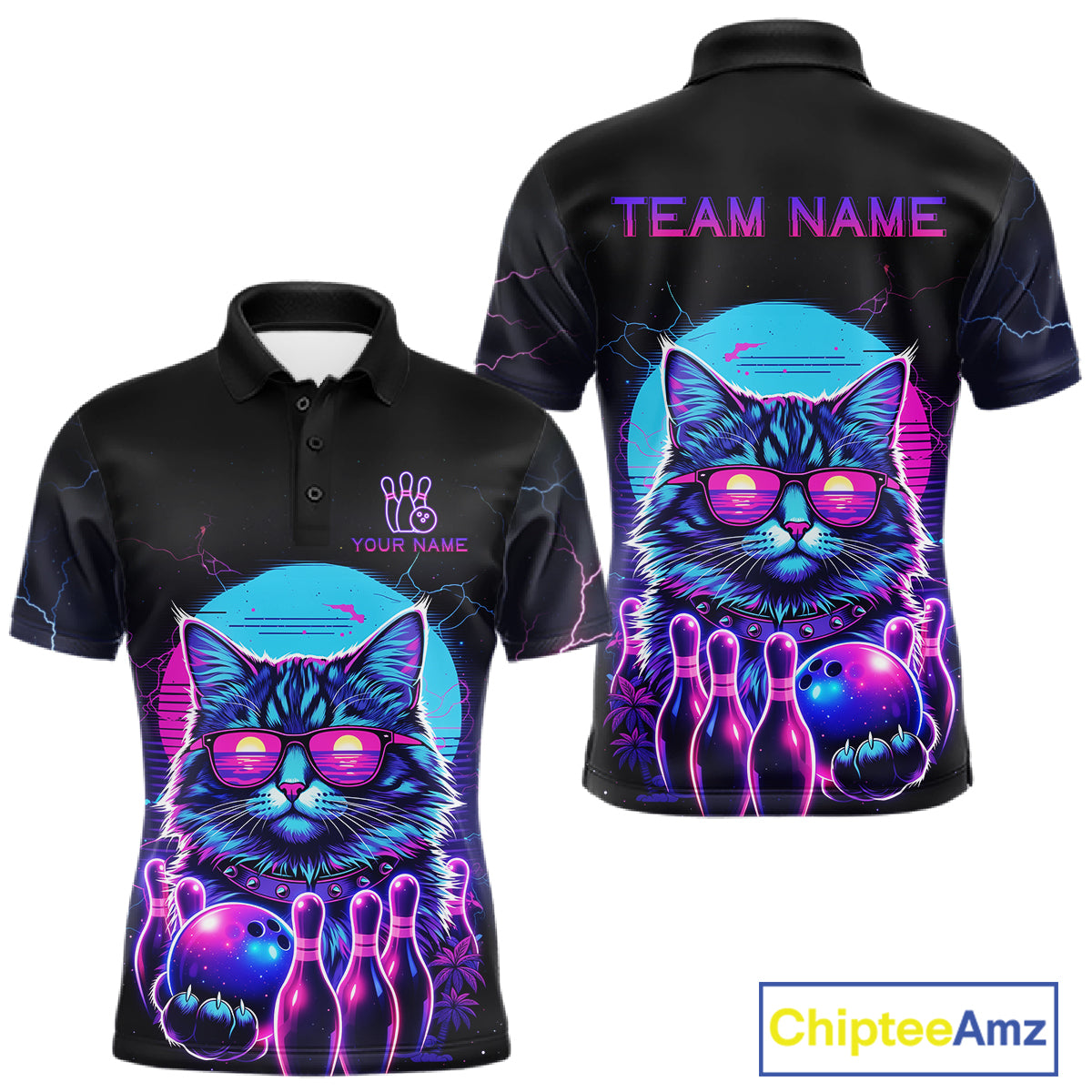 Funny Cat Retro Neon Bowling Shirt For Men Custom Bowling Team Jersey Polo & Quarter Zip TDM5817