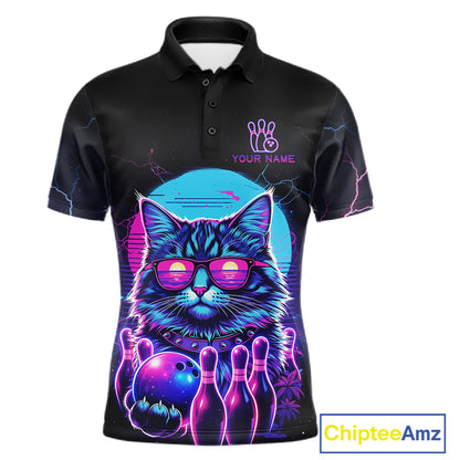 Funny Cat Retro Neon Bowling Shirt For Men Custom Bowling Team Jersey Polo & Quarter Zip TDM5817