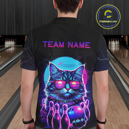 Funny Cat Retro Neon Bowling Shirt For Men Custom Bowling Team Jersey Polo & Quarter Zip TDM5817
