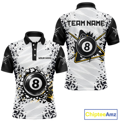 Funny crack 8 ball pool team polo shirt for men with cracked 8 ball graphics.