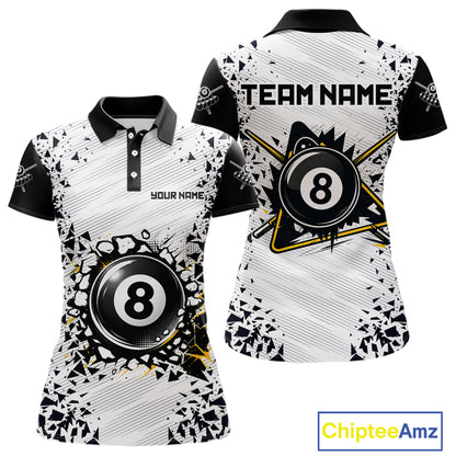 Funny crack 8 ball pool team polo shirt for women with cracked 8 ball graphics.