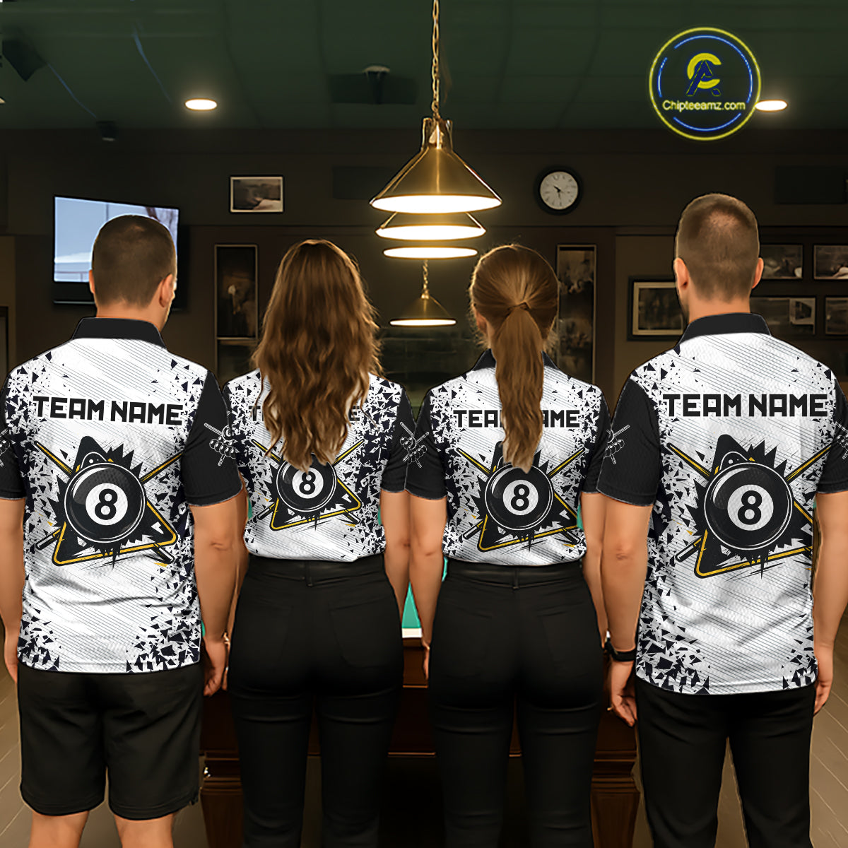 Back view of pool team wearing matching funny crack 8 ball billiard shirts