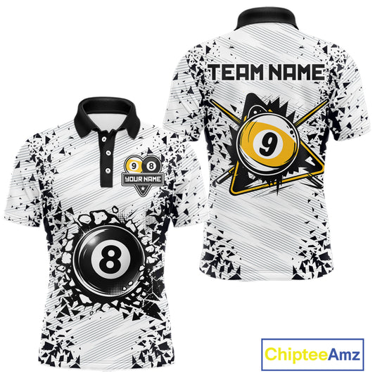 Funny crack 8 ball and 9 ball custom billiard polo shirt for men, pool team jersey and tournament apparel.