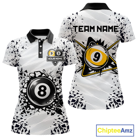 Funny crack 8 ball and 9 ball custom billiard polo shirt for women, pool team jersey and tournament apparel.