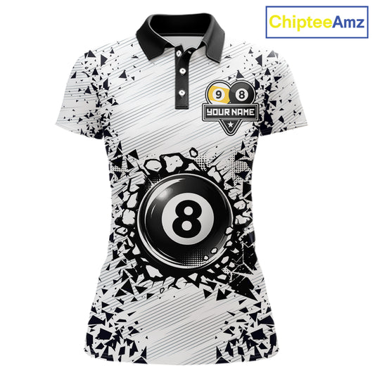 Funny crack 8 ball and 9 ball pool team polo shirt for women with cracked billiard ball graphics.