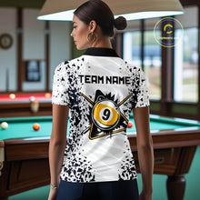 Load image into Gallery viewer, Back view of woman wearing a funny crack 8 ball and 9 ball pool jersey.