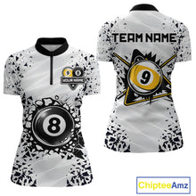 Load image into Gallery viewer, Funny crack 8 ball and 9 ball quarter zip billiard shirt for women, custom pool team jersey.