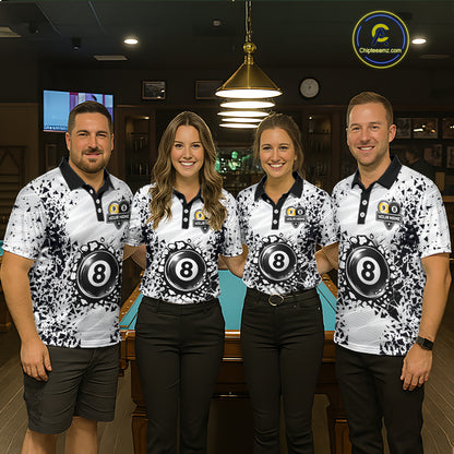 Pool team wearing matching funny crack 8 ball and 9 ball billiard jerseys front view.