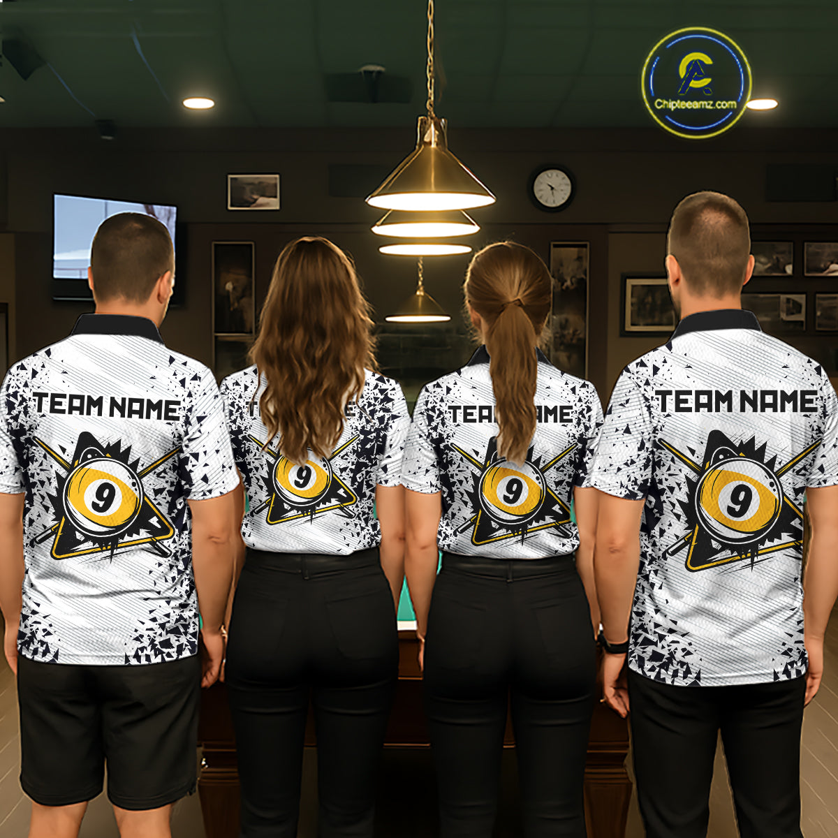 Back view of pool team wearing matching funny crack 8 ball and 9 ball billiard shirts.
