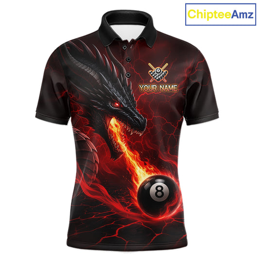 Custom dragon 8 ball pool fire billiard polo shirt for men, red billiard team jersey with dragon flame graphics.