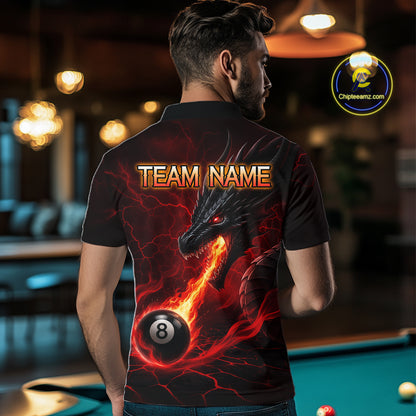Back view of man wearing a red dragon 8 ball pool fire billiard team jersey.