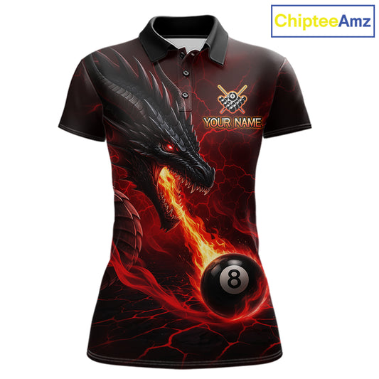 Custom dragon 8 ball pool fire billiard polo shirt for women, red billiard team jersey with dragon flame graphics.