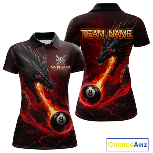 Red dragon 8 ball pool fire custom billiard polo shirt for women, personalized pool team jersey.