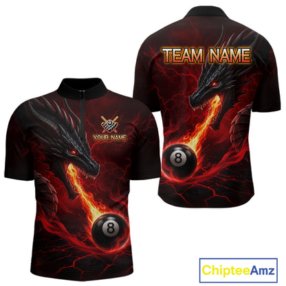 Custom dragon 8 ball pool fire quarter zip billiard shirt for men, red pool team jersey uniform.