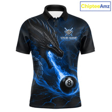Load image into Gallery viewer, Custom dragon 8 ball pool fire billiard polo shirt for men, blue billiard team jersey with dragon flame artwork.
