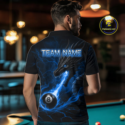 Back view of man wearing a blue dragon 8 ball pool fire billiard team jersey.