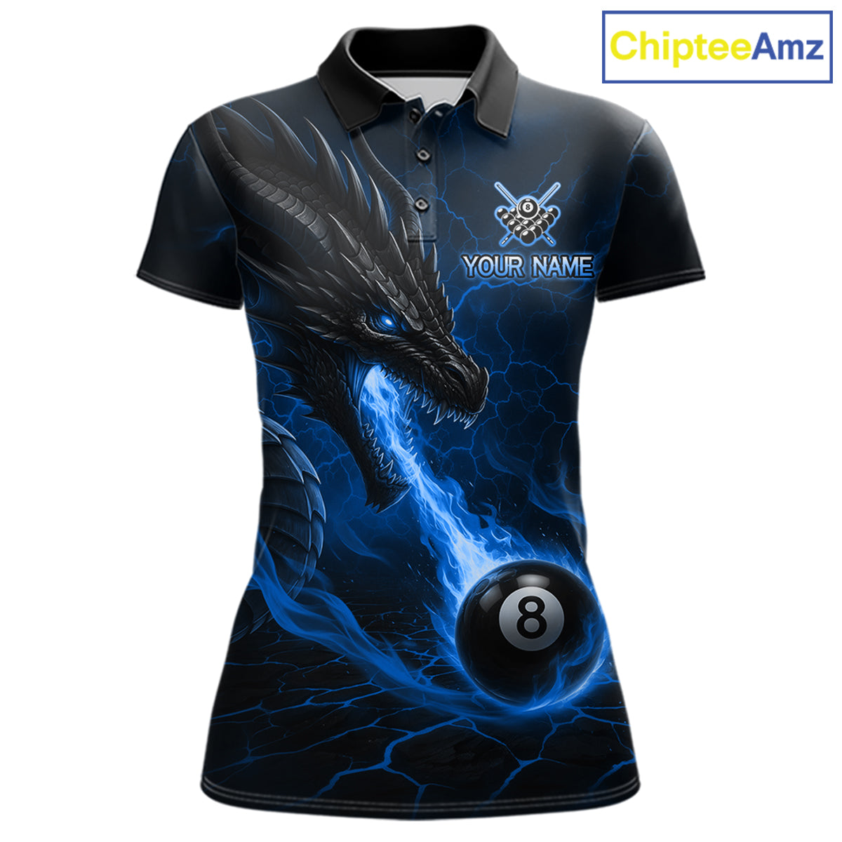 Custom dragon 8 ball pool fire billiard polo shirt for women, blue billiard team jersey with dragon flame artwork.