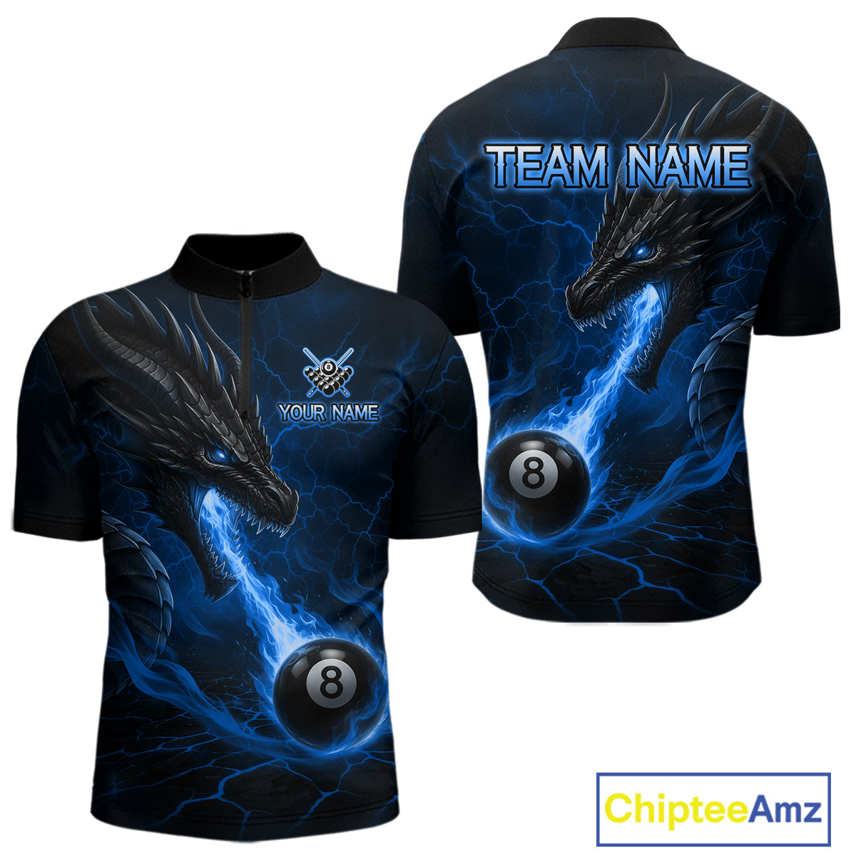 Custom dragon 8 ball pool fire quarter zip billiard shirt for men, blue pool team jersey uniform.