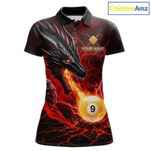 Load image into Gallery viewer, Custom dragon 9 ball pool fire billiard polo shirt for women, red billiard team jersey with dragon and flame design.